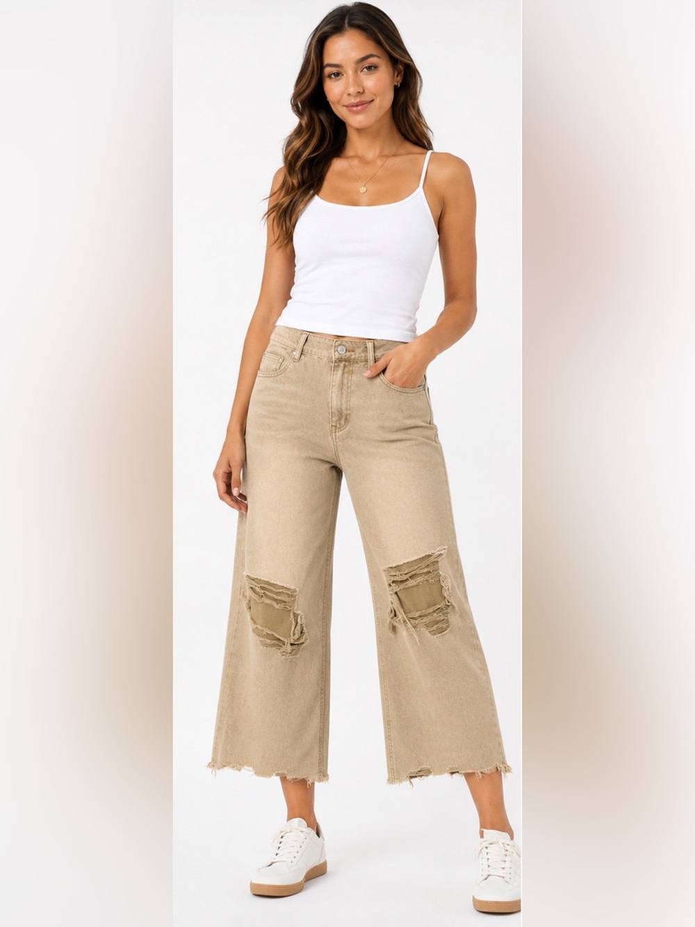 Zenana Khaki Distressed Cropped Wide Leg Denim Jeans Size 32 NWT